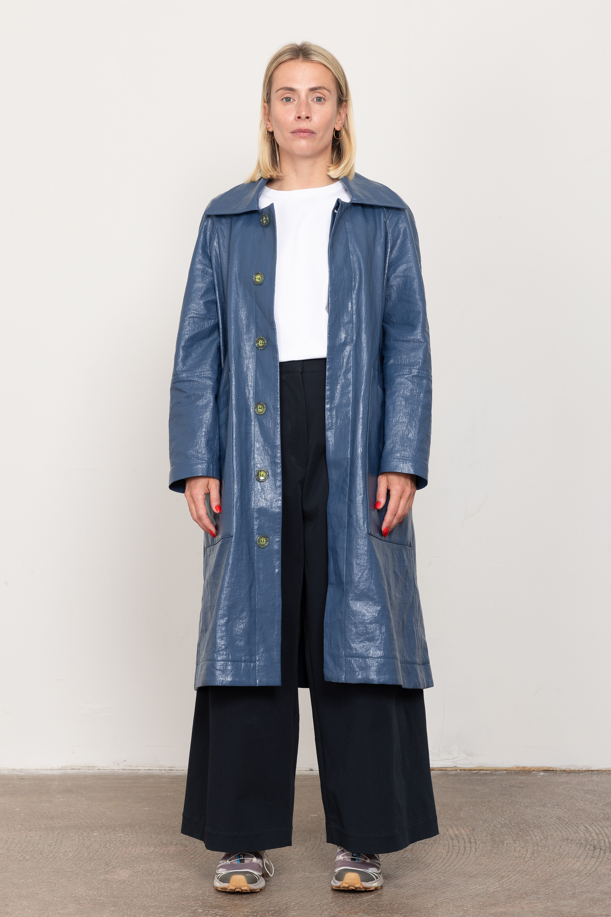 Blue patent car coat