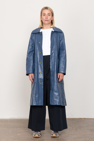 Blue patent car coat